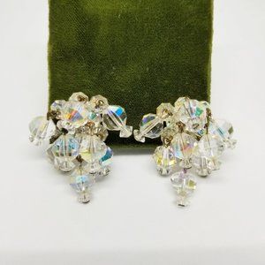 VTG 1950s Aurora Borealis AB Crystal Glass Bead Dangly Clip On Cluster Earrings